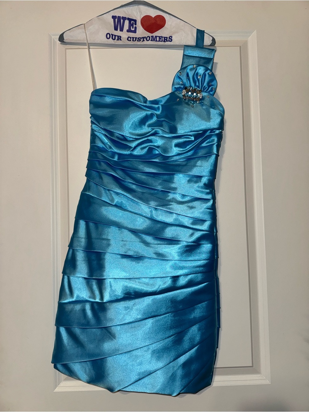 Blue One-Shoulder Satin Corset-Back Homecoming Dress